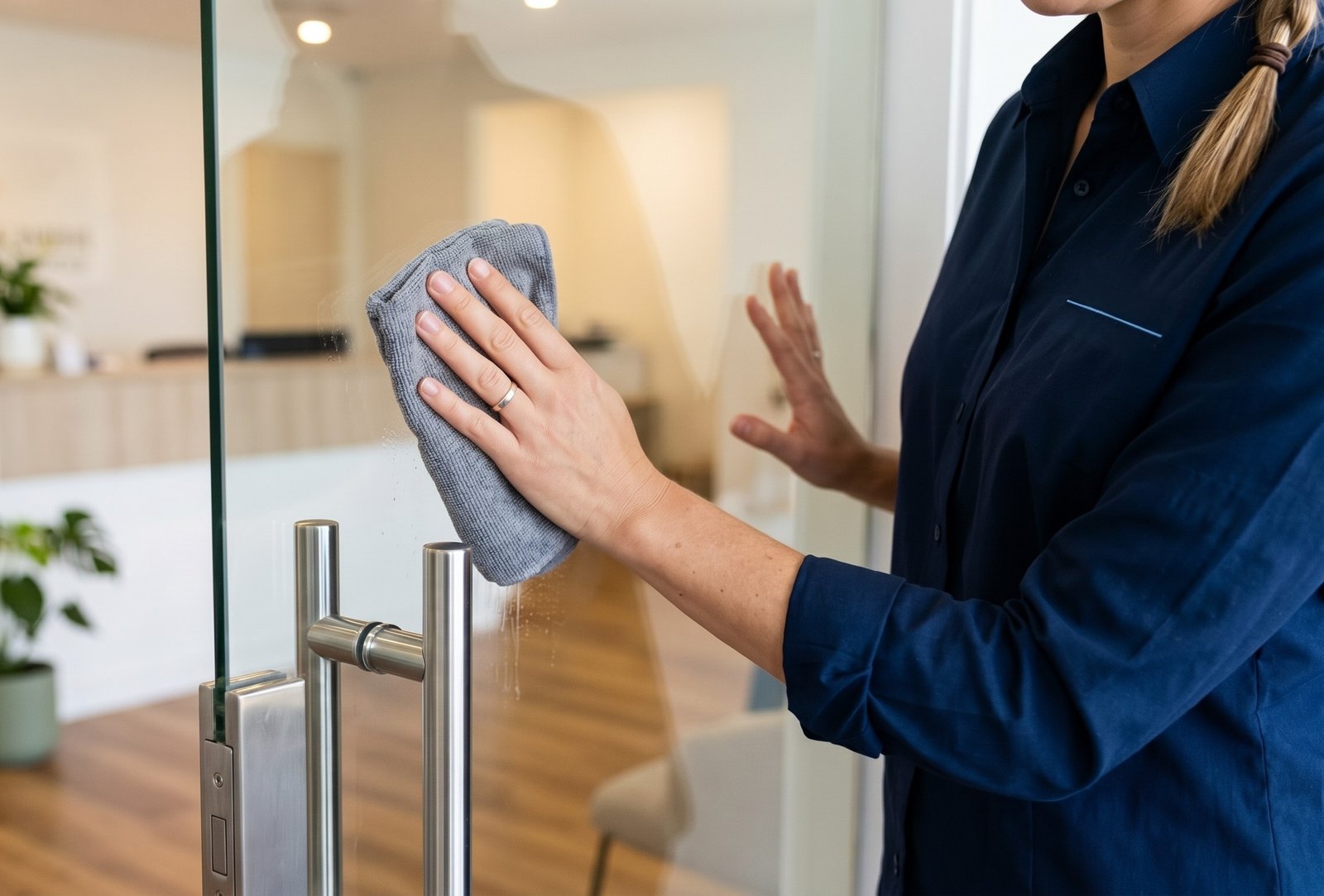 Profissional realizando limpeza em ambiente corporativo